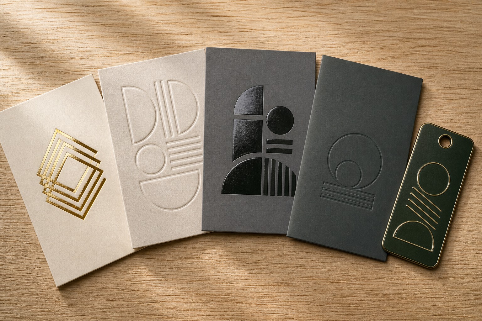Finished sample cards showing gold foil stamping, embossing, spot UV, soft-touch lamination and a plated metal tag.