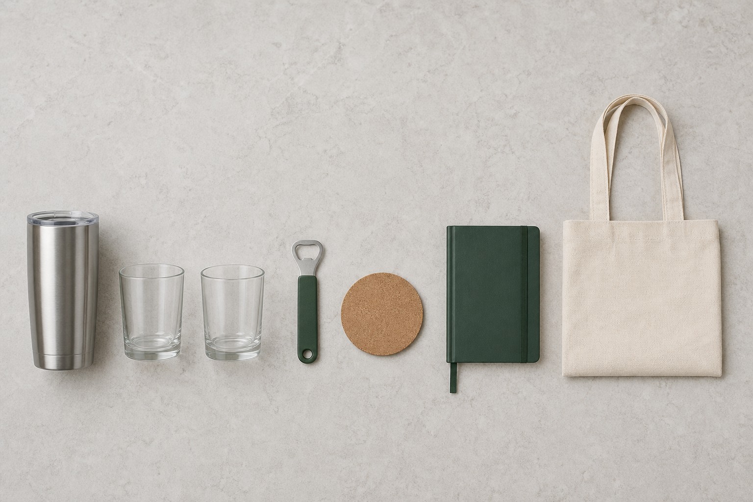 A flat-lay of an insulated tumbler, glass tumblers, a bottle opener, a coaster, a notebook and a tote bag.