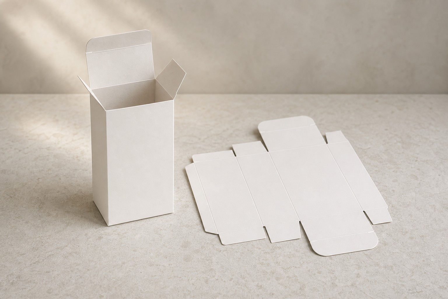 A folded carton standing beside its flat unerected blank.