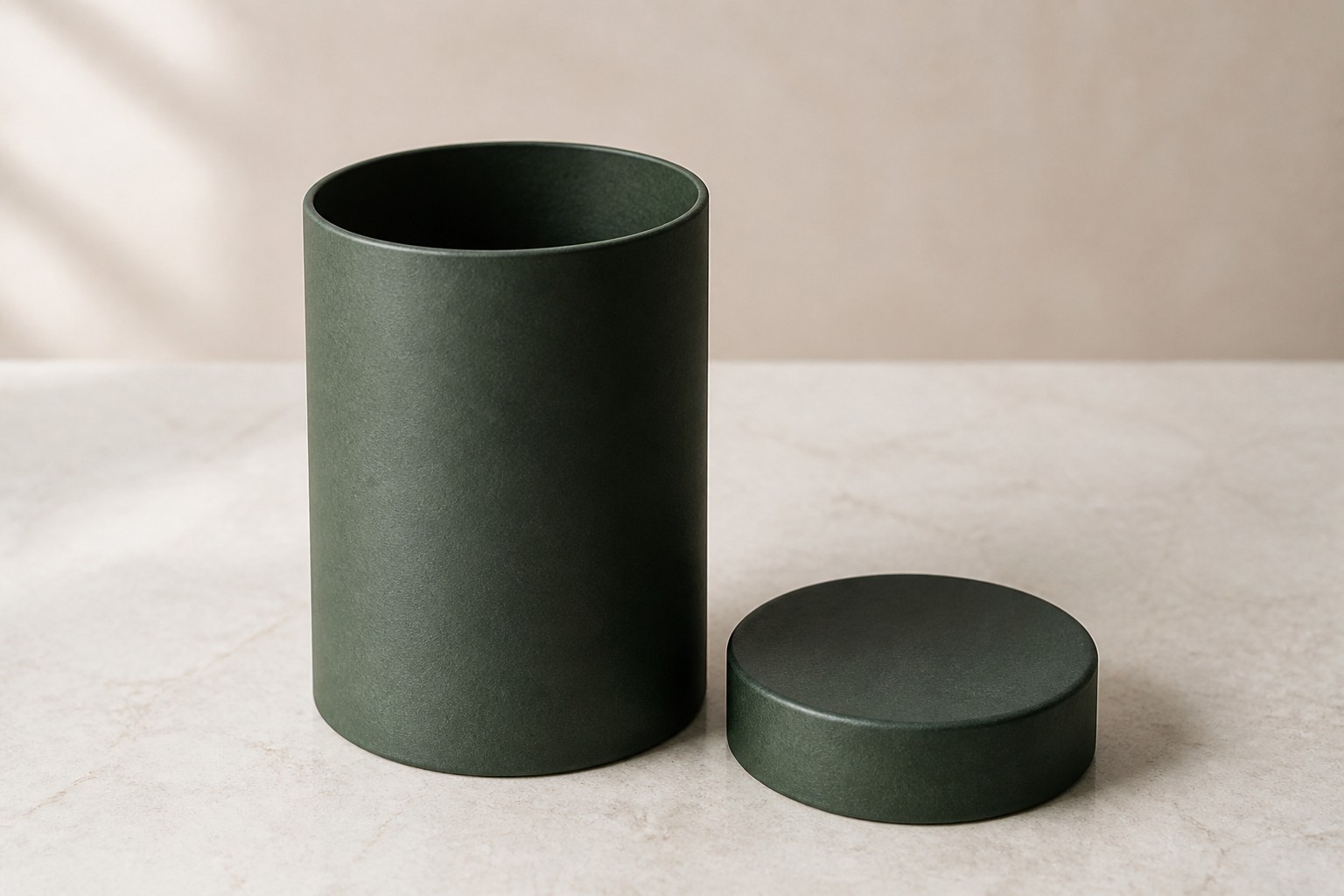 A cylindrical rigid tube box standing upright with its slip-on lid laid beside it.