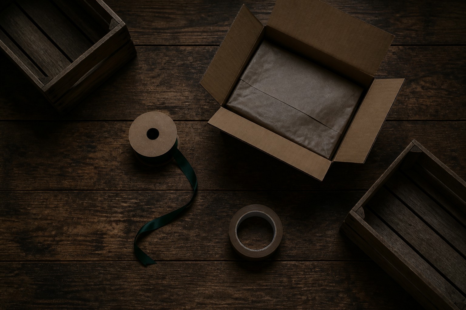 A packing bench with an open kraft carton, tissue paper, a ribbon spool and kraft tape.