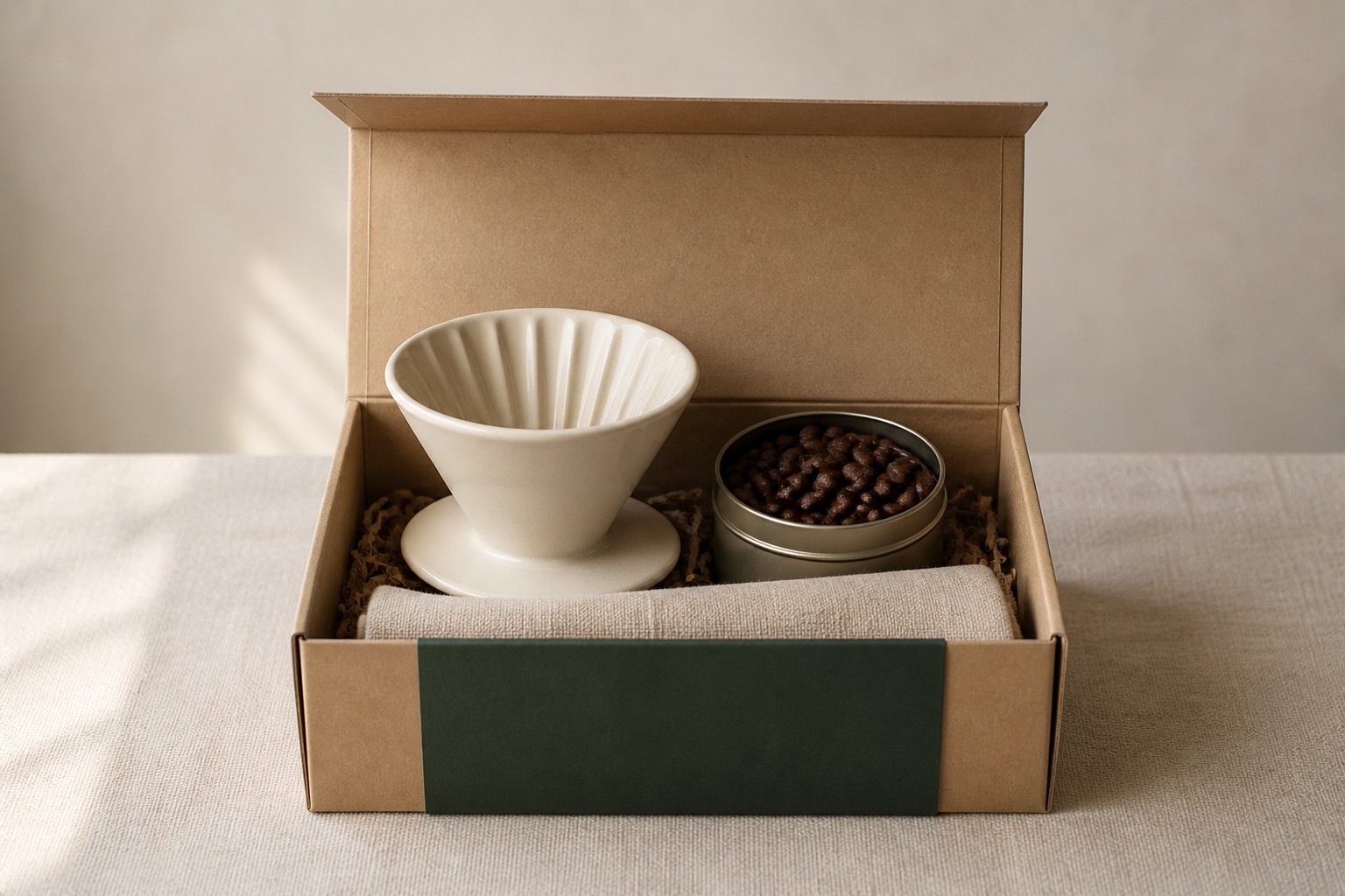 A pour-over brew kit in an open kraft box with a green printed band.