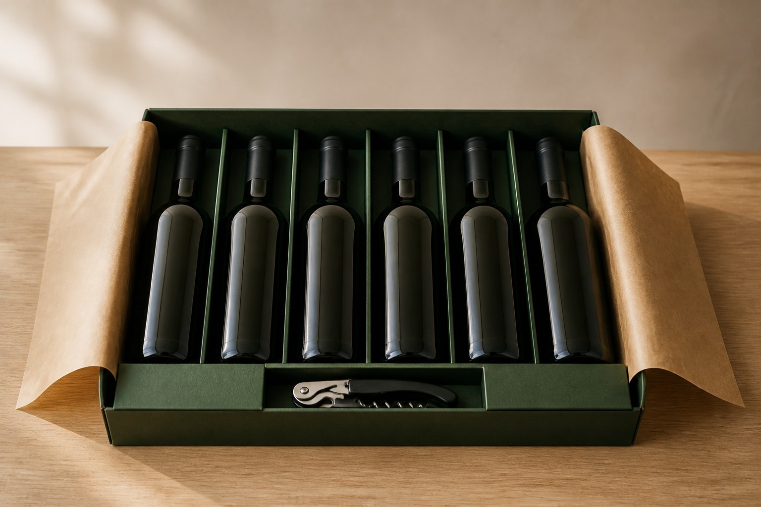 A six-bottle gift box with a corkscrew and two tumblers.