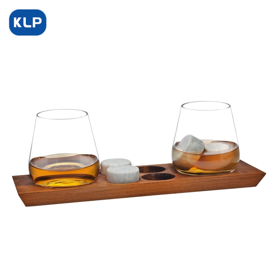 BSA005 (5) Whiskey Glasses & Rocks on Wooden Display Tray