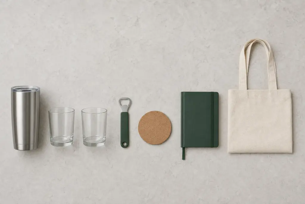 A flat-lay of an insulated tumbler, glass tumblers, a bottle opener, a coaster, a notebook and a tote bag.