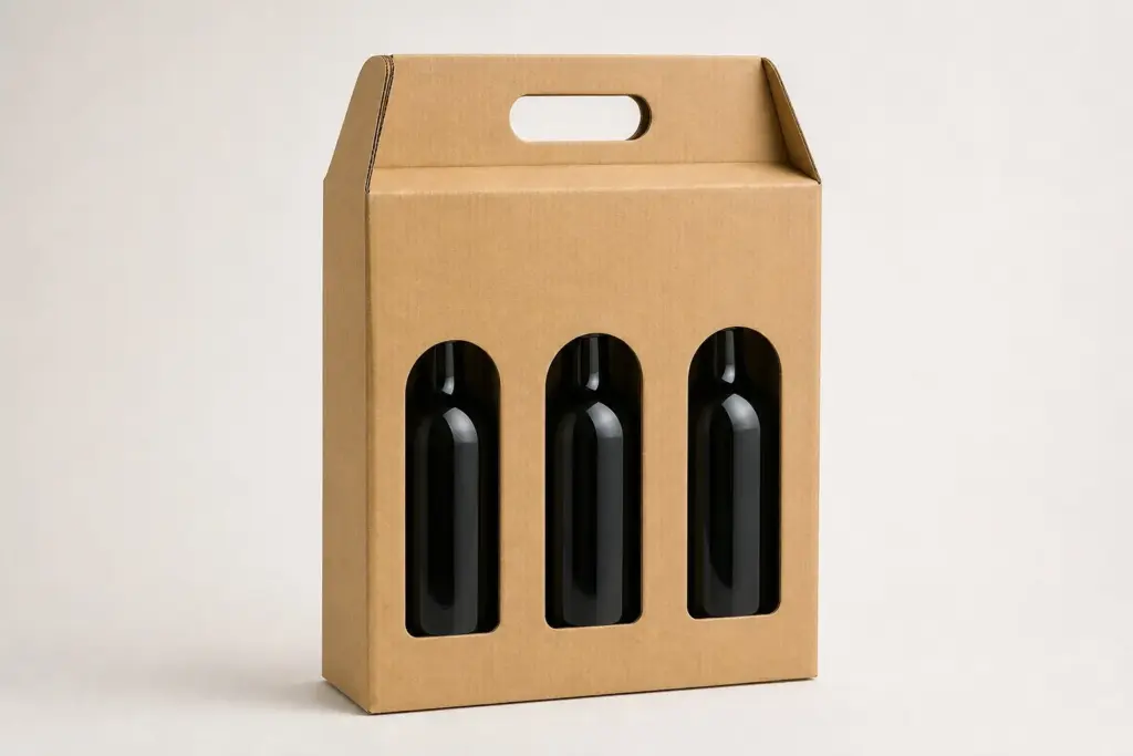 A plain kraft corrugated bottle carrier with die-cut windows holding three bottles.