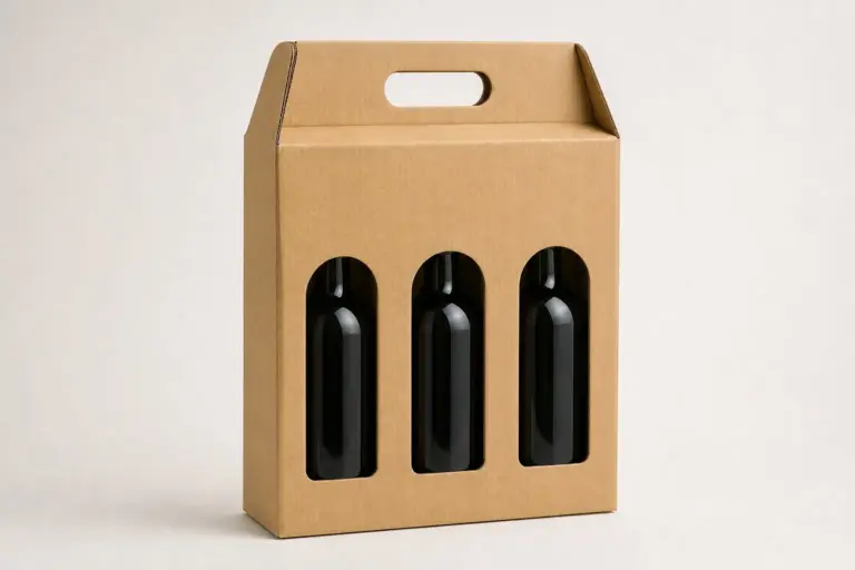 A plain kraft corrugated bottle carrier with die-cut windows holding three bottles.
