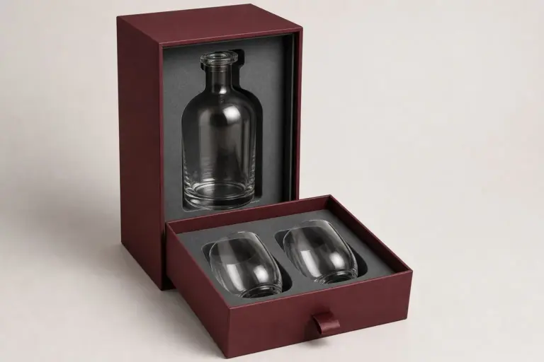 A burgundy drawer box with the tray pulled out — a bottle in the sleeve, two tumblers in the tray.