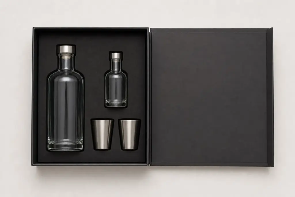 An open black magnetic-lid box laid flat, holding two bottles and two bar spoons in cut-outs.