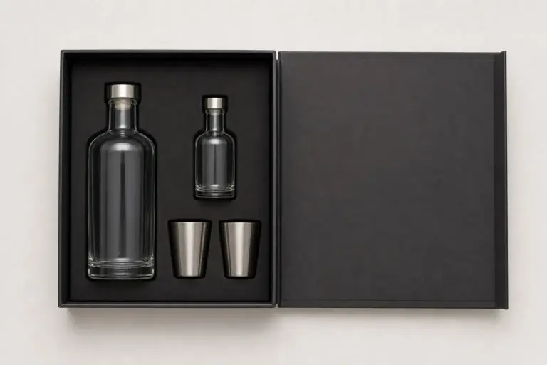 An open black magnetic-lid box laid flat, holding two bottles and two bar spoons in cut-outs.