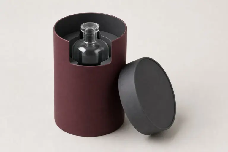 A burgundy round tube box standing with its lid beside it and a bottle standing inside.