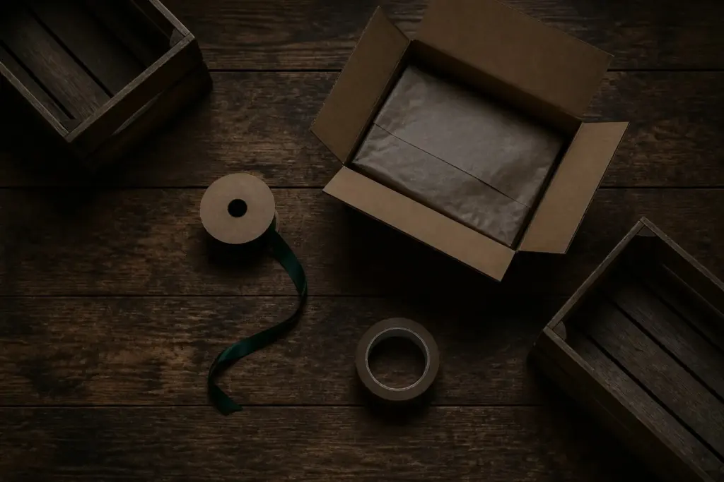 A packing bench with an open kraft carton, tissue paper, a ribbon spool and kraft tape.