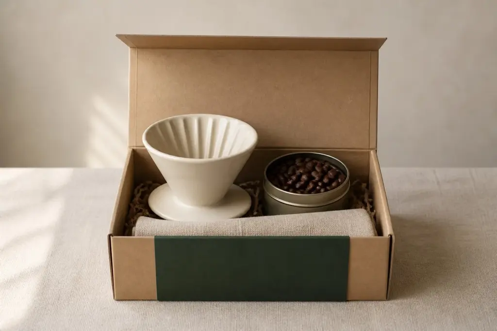 A pour-over brew kit in an open kraft box with a green printed band.