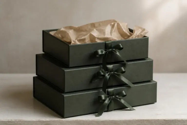 Promotional gift boxes stacked and tied with dark green ribbon.