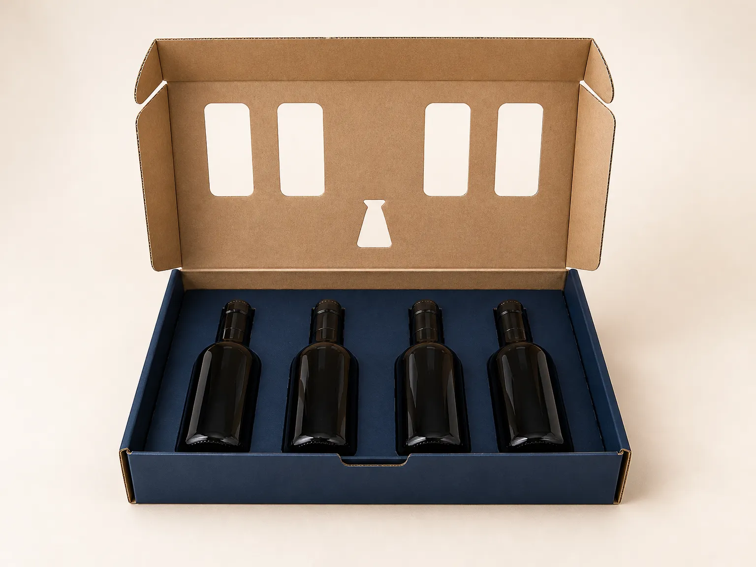 An open corrugated airplane-style mailer box with a hinged lid, locking flaps and four bottles in a fitted insert.
