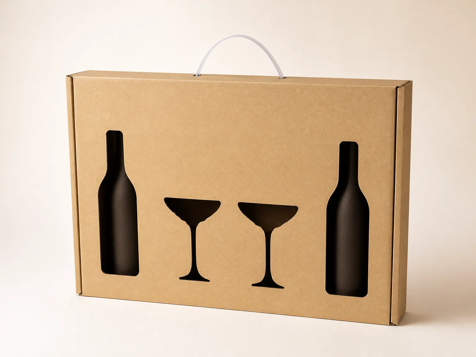 A kraft corrugated carry box with a centred top handle and die-cut windows for two bottles and two glasses.