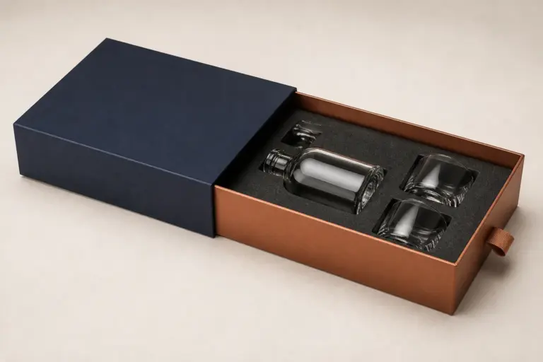A rigid drawer box with a copper inner tray pulled horizontally from a navy outer sleeve, holding a bottle and two tumblers.