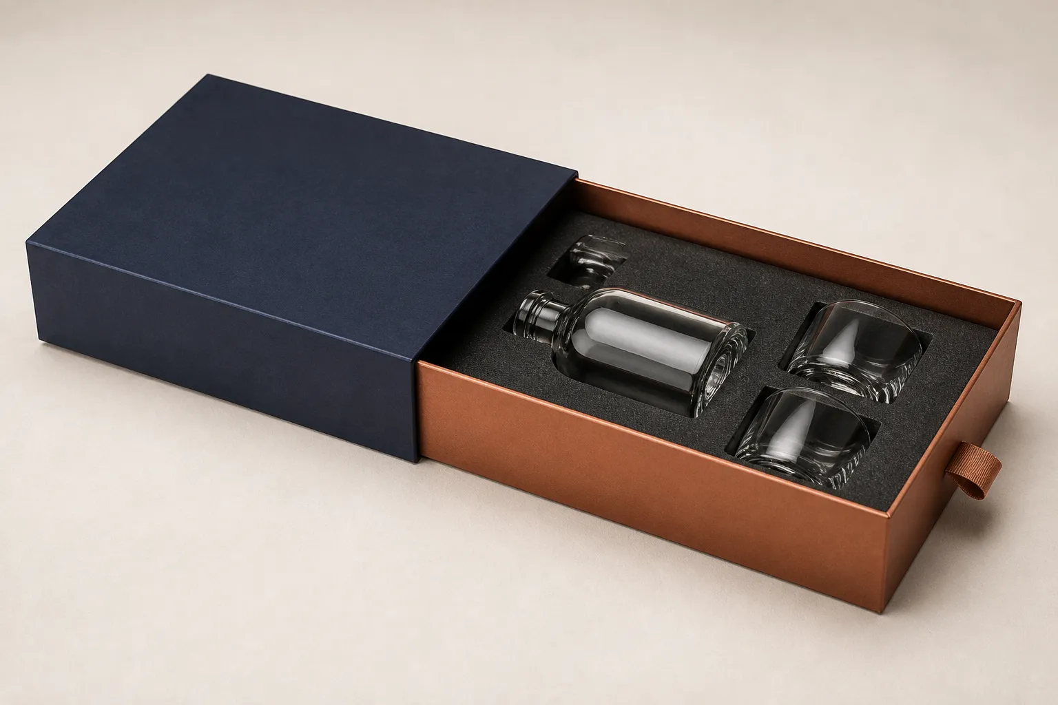A rigid drawer box with a copper inner tray pulled horizontally from a navy outer sleeve, holding a bottle and two tumblers.