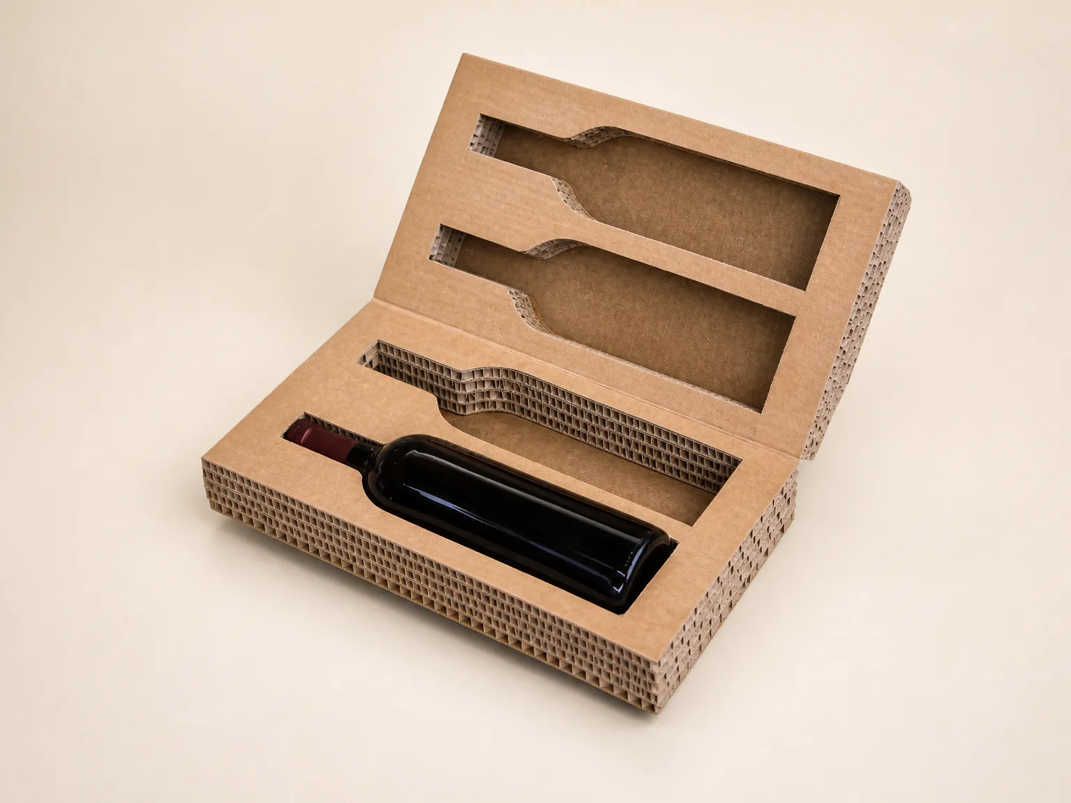 An open honeycomb corrugated paperboard presentation box with exposed cellular edges and a fitted bottle cavity.