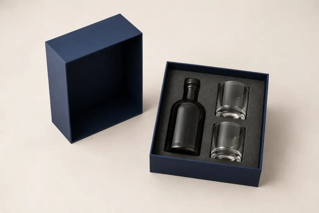 A two-piece lid-and-base rigid box with a deep separate lid beside the base, holding a bottle and two tumblers in a fitted insert.