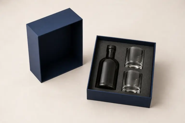 A two-piece lid-and-base rigid box with a deep separate lid beside the base, holding a bottle and two tumblers in a fitted insert.