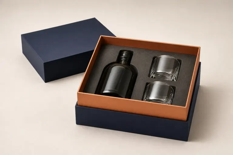 A three-part shoulder-neck rigid box with a short separate lid, a navy lower base and a raised copper inner neck around the fitted insert.