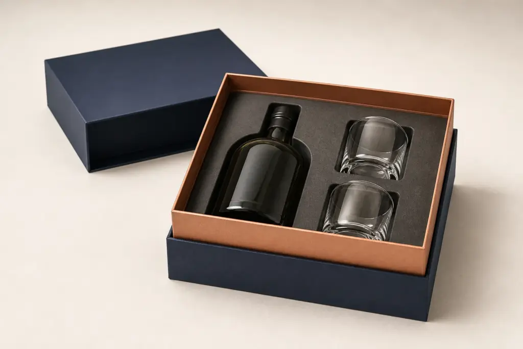An open shoulder-neck rigid box with a short separate lid, a raised copper inner shoulder and a fitted insert holding a bottle and two tumblers.
